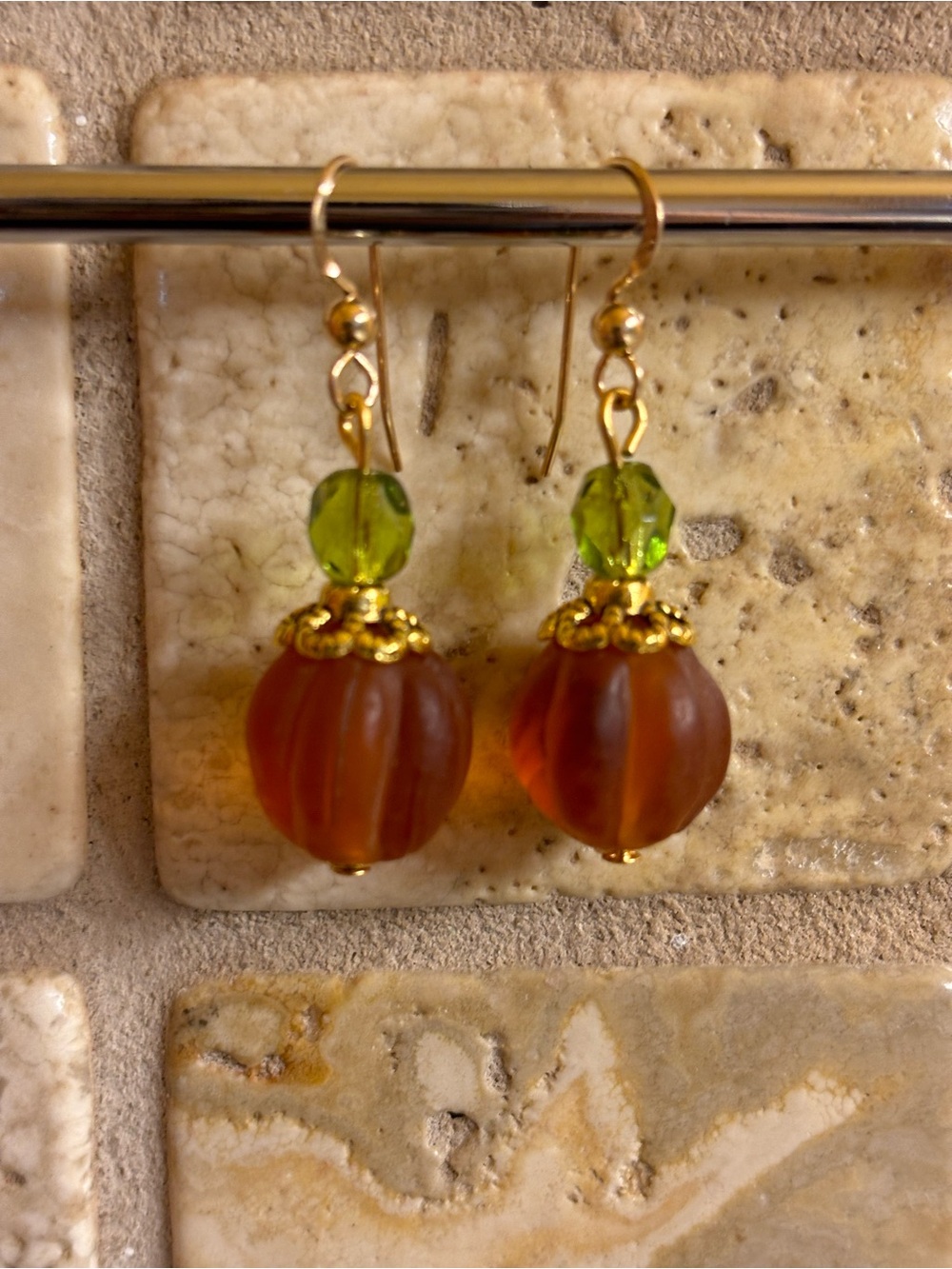Pumpkin Drop Earrings with Green Accents 1.25 inches